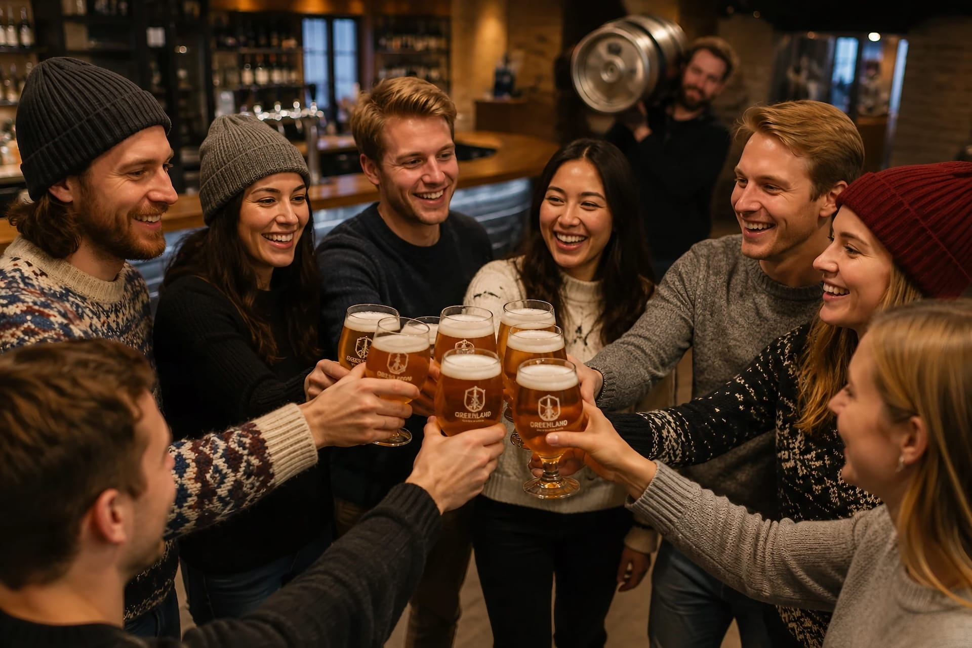 Group toasting with Greenlandic craft beers indoors during the Nuuk Walking Tour tasting