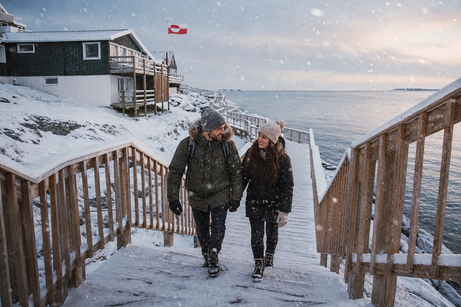 Couple walking a snowy coastal boardwalk in Nuuk on the Nuuk Walking Tour
