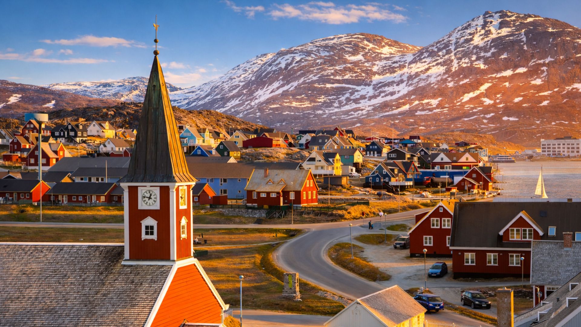 nuuk walking tour — aerial view of Nuuk's church steeple and colourful buildings at golden hour